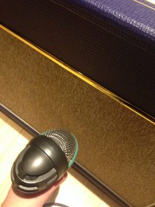 The mic was placed just off of the center of the driver on the purple Vox guitar amplifier. 